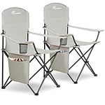 SUNMER Set of 2 Folding Camping Chairs, Extra-Wide Lightweight Outdoor Chairs with Armrests, Cup Holder and a Side Pocket, 120kg Capacity per Chair - Grey