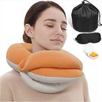 BUYUE Travel Neck Pillows for Airplanes, 360° Head Support Sleep for Long Flight, Skin-Friendly & Breathable, Kit with 3D Contoured Eye Mask, Earplugs and Storage Bag (Adult, Orange, 90+ lbs)