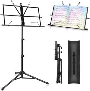 Music Stand New bee Foldable & Portable Metal Sheet Music Stand with Carrying Bag, Adjustable Podium Stand with Tripod Base and Sheet Music Folder - Black