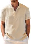 COOFANDY Men Summer Henley Shirts Button Vacation Shirt Collarless Casual Shirt Light Khaki