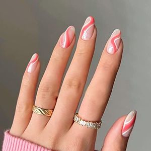 RikView Medium Press on Nails French Fake Nails Almond Acrylic Nails Clear Press on Nails with Swirls Design Red & White Nails