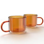 elle decor Double Wall Coffee Mug | Set of 2 | 10-Ounce | Cute Coffee, Tea, and Milk Glass Mugs with Handle | Insulated Tea Cup | Gift Set for Valentines Day, Birthday, & Holidays (Amber)