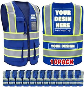 Jykuvtf Custom Safety Vest with Logo, Hi-Vis Reflective Work Vest with Pockets, Personalized High Visibility Vest, Enhanced Visibility for Construction, Road Work and Job Sites, Blue 10pack
