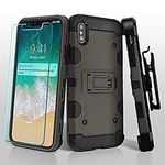 AMZER 3 in 1 Ballistic Hybrid Ultra Thin Military Grade Full Body Protector with Tempered Glass Screen Protector Skin for Apple iPhone Xs Max - Grey/Black Heavy Duty Protection