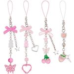 PLIGREAT 4 Pcs Cute Pink Bow Tie Heart Cell Phone Lanyard Fashion Mixed Colorful Beaded Charms Keychain for Women Phone Case Wallet Purse Backpack Decoration Pendant