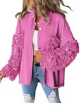 ChicMe Womens Casual Jacket Contrast Sequin Tassel Design Fuzzy Patchwork Shacket Casual Outfit Hot Pink-XXL