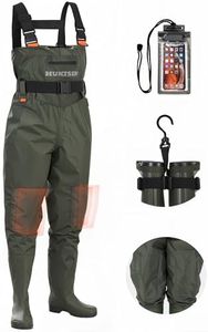 HUNTSEN Fishing Waders for Men Women - 2-Ply Nylon/PVC Waterproof Bootfoot Chest Waders for Hunting with Boot Hanger & Waterproof Phone Case & Reinforced Neoprene Knees Green Size M10