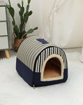 M&F ECOM Medium Size Dog/Cat/Pet House, Foldable & Portable, 2 Way usable Cosy & Comfortable Pet House,Washable,Safe & Hygienic House for All Pets.Soft Pillow Mat Extra.(M,Blue Strips)