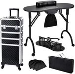 Faquenc Foldable Nail Table Manicure Desk with Dust Collector + 4 in 1 Rolling Makeup Train Case for Mobile Stylist Artists Nail Salon Cart Trunk Black