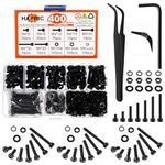 400 PCS M4 Nuts and Bolts Set, Black Hex Socket Head Screw Kit Galvanized Metal Screws Nuts Flat Washers Locks Set Assorted Screws for Bookshelves Televisions Machine Car Electronics