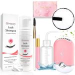 150ml/5.07fl.oz Eyelash Extension Cleanser, Lash Shampoo for Eyelash Extension Eyelash Brush with Cap USB Lash Fan Mascara Brush Wash Bottle Reusable Makeup Remover Pad, Paraben & Sulfate Free (Rose)