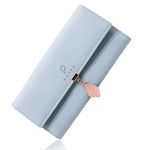 PALAY® Women's PU Leather Long Wallet with Leaf Pendant Card Holders Phone Pocket Girls Zipper Coin Purse (Blue)