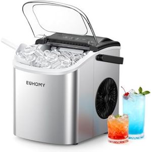 EUHOMY Countertop Ice Maker Machine with Handle, 25.5lbs in 24Hrs, 9 Ice Cubes Ready in 6 Mins, Auto-Cleaning Portable Ice Maker with Basket and Scoop, for Home/Kitchen/Camping/RV. (Silver)