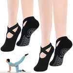 flintronic Yoga Socks, 2 Pairs Non-Slip Pilates Socks with Straps, Cotton Five Toe Grip Socks for Pilates, Ballet, Barre, Barefoot Workout, Dance - Sweat Absorption (Black+Black)