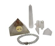 Crystals and Healing Stones Set Selenite Includes Selenite Orgone Pyramid, Pendent, Wand, Raw Stones, Pendulum, Small Stone Pyramid and Selenite Buddha Bracelet