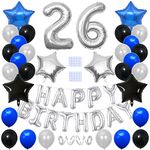 Yijunmca 33pcs 26th Birthday Party Decoration Happy Birthday Banner Balloon Number 26 Balloon Star Foil Balloon Helium Latex Balloon Perfect for Women Men 26th Birthday Supplies, Blue Black Silver