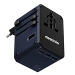 Destinio Universal Travel Adapter - 6-in-1 Fast Charging International Charger with PD, Type C & 3 USB Ports - All-in-One for US, UK, Europe (45W- Type C- (6 in 1) - Blue)
