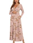 AISWI 2024 Women's Maternity Maxi Dress Long Sleeve Warp V Neck Pregnancy Dresses with Pockets Baby Shower Photoshoot Formal, Floral Pink, L