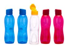 SignoraWare 1000ml Set of 5 Fliptop Aqua Drop Plastic Water Bottle, Food Grade BPA Free, Fridge Safe, Travel Compatible, Multi Use - School Office Kids Adults (Set of 5, 1 Litre, Multicolor)