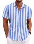 COOFANDY Summer Shirt for Men Short Sleeve Hawaiian Cotton Striped Shirt Holiday Casual Beach Shirt Blue Stripes XXL