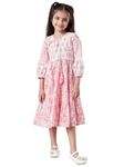 Pspeaches Girls Tiered Floral Print Tie-Up Neck A-Line Midi Cotton Dress (Pink-4-5Y)