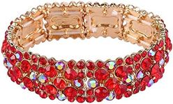 Ever Faith Round Crystal Wedding Vintage Style Floral Stretch Bracelet for Women Red Gold-Tone