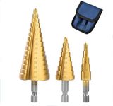 BIKBOK 3 Pack HSS Titanium Coated Step Drill Bit Set, 1/4" Hex Shank Quick Change High Speed Steel Cone Drill Bits for Plastic,Wood, Sheet Metal Hole Drilling - Metric 4-32mm/4-20mm/4-12mm