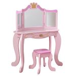 KidKraft Princess Wooden Vanity Table and Stool for Kids, Dressing Table with Mirror and Stool, Kids' Desk with Drawer, Children's Playroom/Bedroom Furniture, 76123