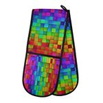 HMZXZ RXYY Double Oven Glove Abstract Rainbow Geometric Heat Resistant Quilted Cotton Kitchen Ove Mitts Long Oven Gloves for Cooking Baking Grilling Handling Hot Pots Pans