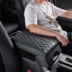 POKSRI Car Center Console Cover pad Genuine Cowhide Leather,Black Armrest Box mat, Full size SUV truck arm rest Cushion Protector,true cow Leather,f150 sierra titan silverdo tundra(sizeD 15x13.4x2.2)