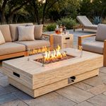 ReeQuo 60Inch Fire Pit Table Propane with Tank Cover Windy Guard, 3 Pieces 50,000 BTU Travertine-Style Rectangle Firepit for Outside Patio with Metal Lid, Lava Rocks, Rain Cover