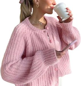 YKR Womens Fall Cardigan Sweater Long Sleeve Chunky Knit Open Front Button Loose Casual Cardigan Coat, Pink, Medium