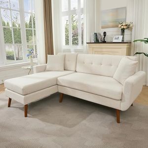 Tbfit L Shaped Couch Sofa, 80" W Mid-Century Modern Sectional Couches, 3 Seater Sofas with Wide Chaise Lounge & Two Pillows,Button Tufted Upholstered Sectional Sofa for Living Room, Bedroom, Beige
