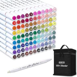 Shuttle Art 101 Colors Dual Tip Alcohol Based Art Markers,100 Colors plus 1 Blender Permanent Marker Pens Highlighters with Case Perfect for Illustration Adult Coloring Sketching and Card Making