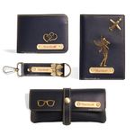 Innovative Gifts Men's Customized Leather Gift Combo Set I Personalized Wallet, Keychain, Sunglass & Passport Cover with Name & Charm I for Boyfriend Men Husband Birthday Anniversary Wedding (Blue)