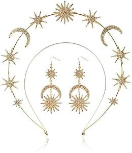 puwuto Halo Crown - Stars Crystal Goddess HeadBand with Earrings Mary Metal Halo Headpiece Celestial Crowns Tiaras for Women Bridal Wedding Costume Cosplay Party Goddess Accessories - Gold, Metal,