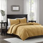 Madison Park Harper Quilt Set Velvet Casual Geometric Stitching Design All Season, Lightweight Coverlet, Cozy Bedding, Matching Shams, Full/Queen(90"x90"), Mustard 3 Piece