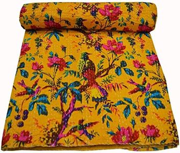 V Vedant Designs Bird Print Queen Kantha Quilt Twin Throw Blanket Bedpsread Indian Throw Vintage Quilt 90X60 Inch, Yellow