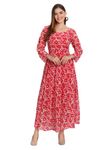 DHANERI Women's Floral Georgette Standard Regular Fit and Flare Casual Knee Length Western Dress (D_E_101_Red_S)