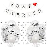 Bealif Just Married Wedding Decoration with 38 Balloons, 1pcs Just Married Banner, Just Married Car Decoration Mr and Mrs Balloons Silver Just Married Confetti for Wedding Bridal Shower Decorations