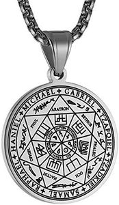 HZMAN Vintage Stainless Steel The Seal of The Seven Archangels Pendant Necklaces for Men Women with 22+2 Inches Chain (Silver)