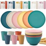 48PCS Wheat Straw Dinnerware Sets for 6, Reusable Unbreakable Dinnerware Set for Kids Adults, Microwave Safe, Lightweight Camping Plates Cups and Bowls Set for Kitchen Picnic Rv Dishes