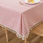 Plenmor Cotton Linen Table Cloth Stripe Tassel Rectangle Tablecloth Dust-Proof Table Cover for Kitchen Dinning Tabletop Decoration (140cm x 180cm, Red)