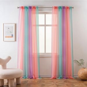 Yancorp Sheer Curtain 2 Panels Semi Bedroom Curtains 63 inches Length Linen Ombre Curtains Rod Pocket Drapes Girls Living Room Mermaid Bedroom Nursery Kids Window Decor(Green Pink Purple, 52"x63")