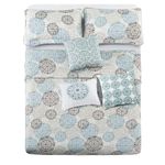 Home Soft Things 6 Piece Marina Medallion Printed Microfiber Quilts Coverlet Set Queen 90" x 90", Cameo Blue (Beige Brown Blue), Soft Lightweight Reversible Bedspread Bedding Set for All Season