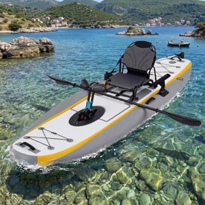 Danrelax Inflatable Kayak with Pedal System, Premium 12ft PVC Fishing Kayak, Lightweight & Portable with Aluminum Seat, Rudder System, and Accessories Included, Yellow & Grey(HIN Included)