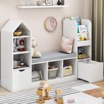 Vabches Kids Bookshelf with Reading Nook, Multifunctional Kids Bookcase with 7 Storage Cubbies and 2 Movable Drawers, Bookcase with Seat Cushion for Toy Storage Organizer Children's Room