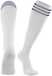 TCK Elite Finale 3 Stripe Soccer Socks (White/Purple, Large)