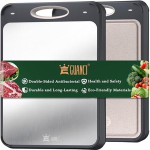 GUANCI Cutting Board for Kitchen Double Sided 304 Stainless Steel Chopping Board Food-Grade Stainless Steel and Wheat Straw PP Samll Size 14’’×9.6’’ Easy to Clean