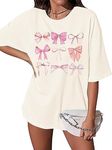 SUPEYA Bow Shirt Women Coquette Aesthetic Shirt Trendy Pink Bow Girly Tee Watercolor Pastel Bow Oversized Tops